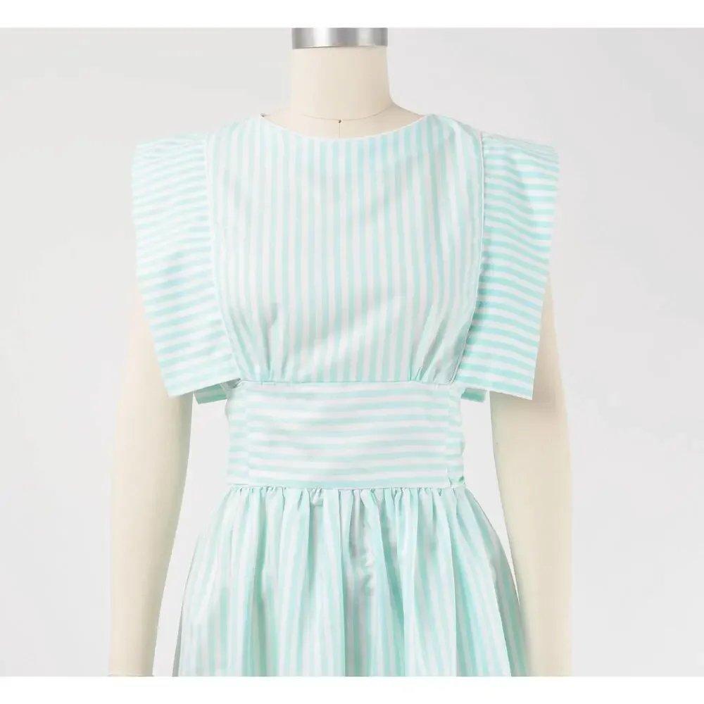 Vintage 80s Pastel Striped Dress Aqua White Cotton Blend Midi Sundress Bow S